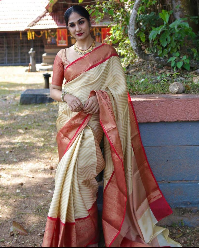 Cream Bridal Woven Banarasi Silk Saree With Red Blouse