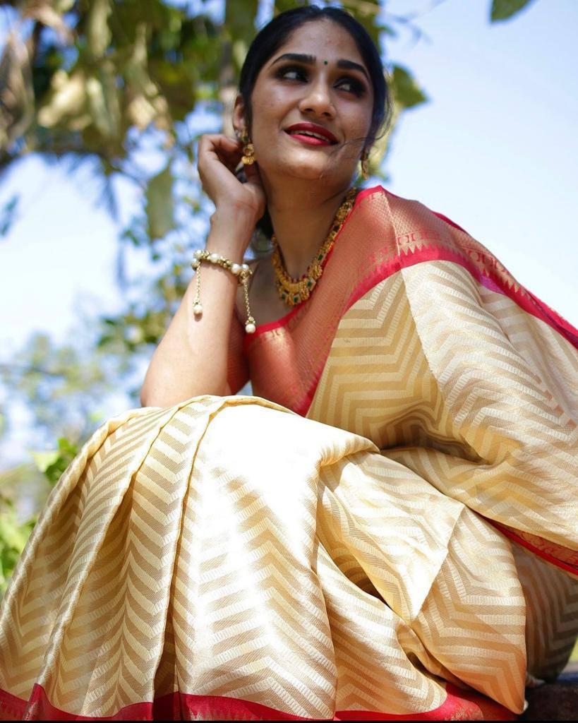 Off-white kerala kasavu saree with multicolour check brocade blouse piece -  Shrayathi - 286829