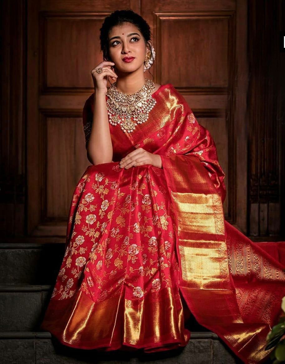 Gorgeous Golden Red Banarasi Silk Zari Weaving Work Wedding Wear Saree (Un-Stitched)