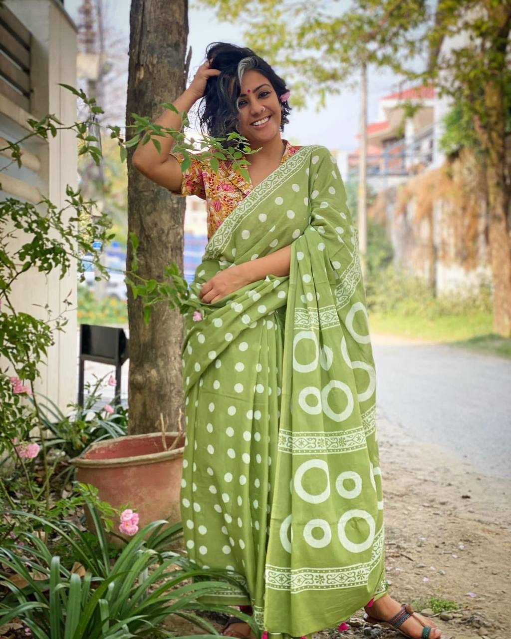 Buy Parrot Green Designer Party Wear Printed Cotton Sari | Party Wear Sarees