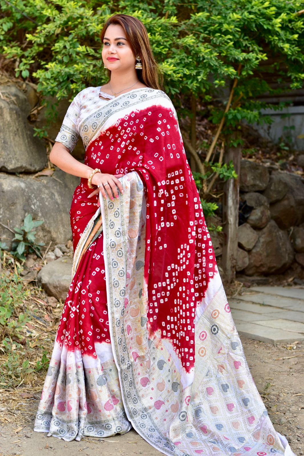 White Bandhani Dola Silk Saree