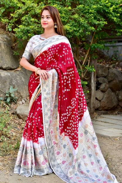 White Bandhani Dola Silk Saree