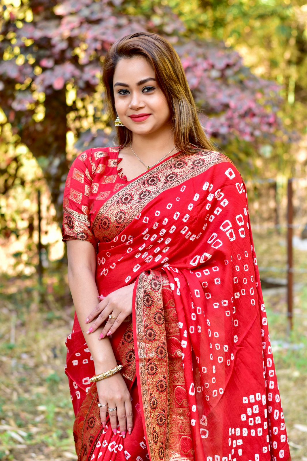 Red colour Bandhani Dola Silk Saree