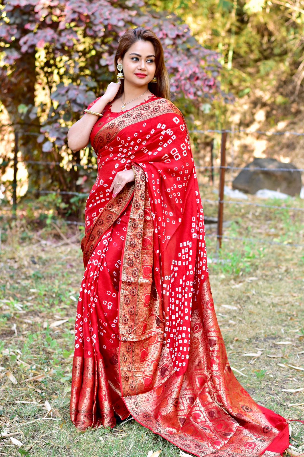 Orange Colour Raw Silk Fabric Bandhani Saree.