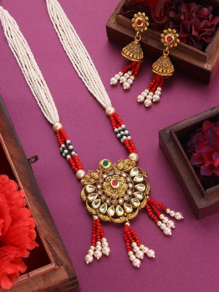 Traditional Fascinating Design Meenakari Gold plated Kundan Long Moti Mala Necklace Set With Earrings