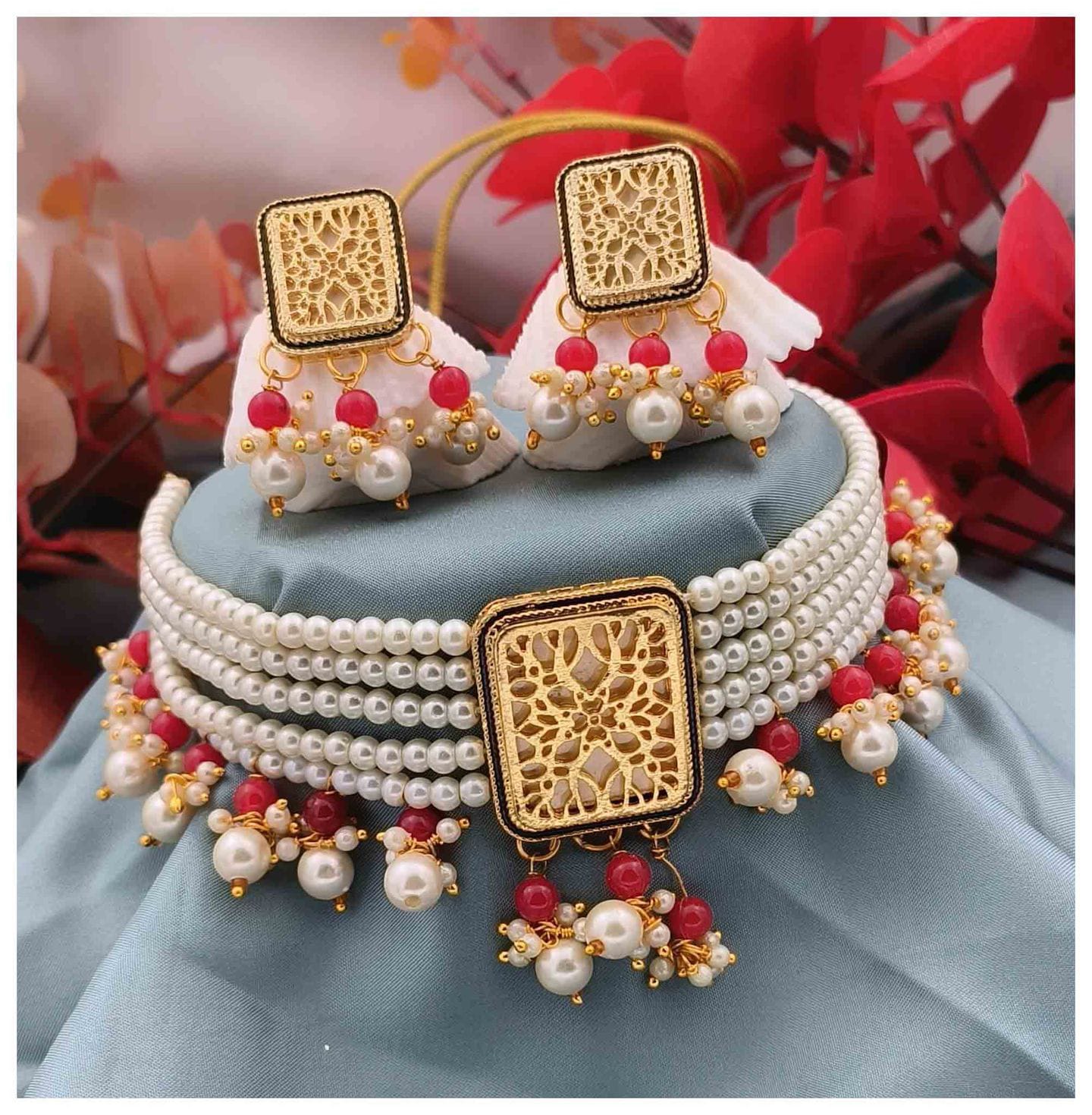 Dharti Adorable Gold Plated Pearl Choker Necklace Set for Women