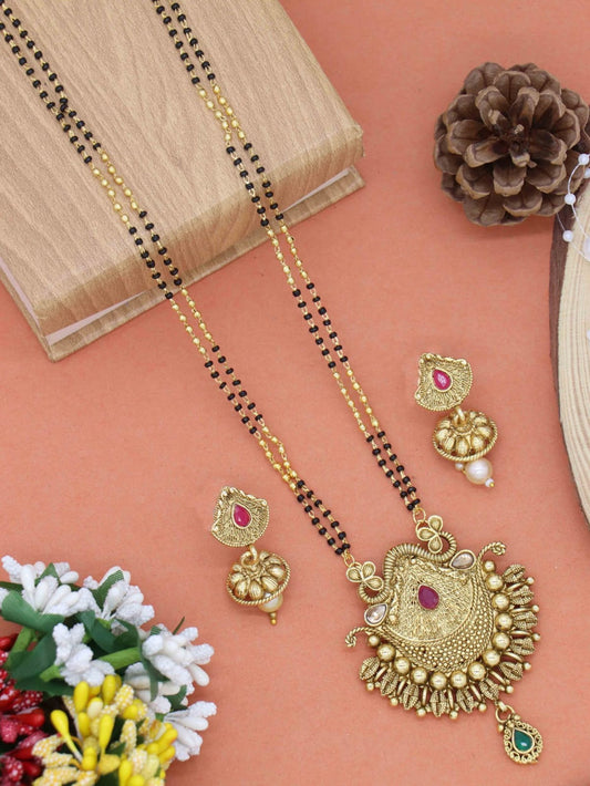 Traditional Pendant Gold Plated Hand Meena Mangalsutra 24inch Long with Earring