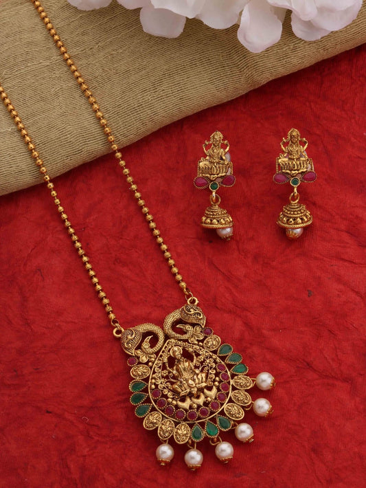 Traditional Ethnic Pendant Set with Stud Earrings and Bead Chain for Women and Girls
