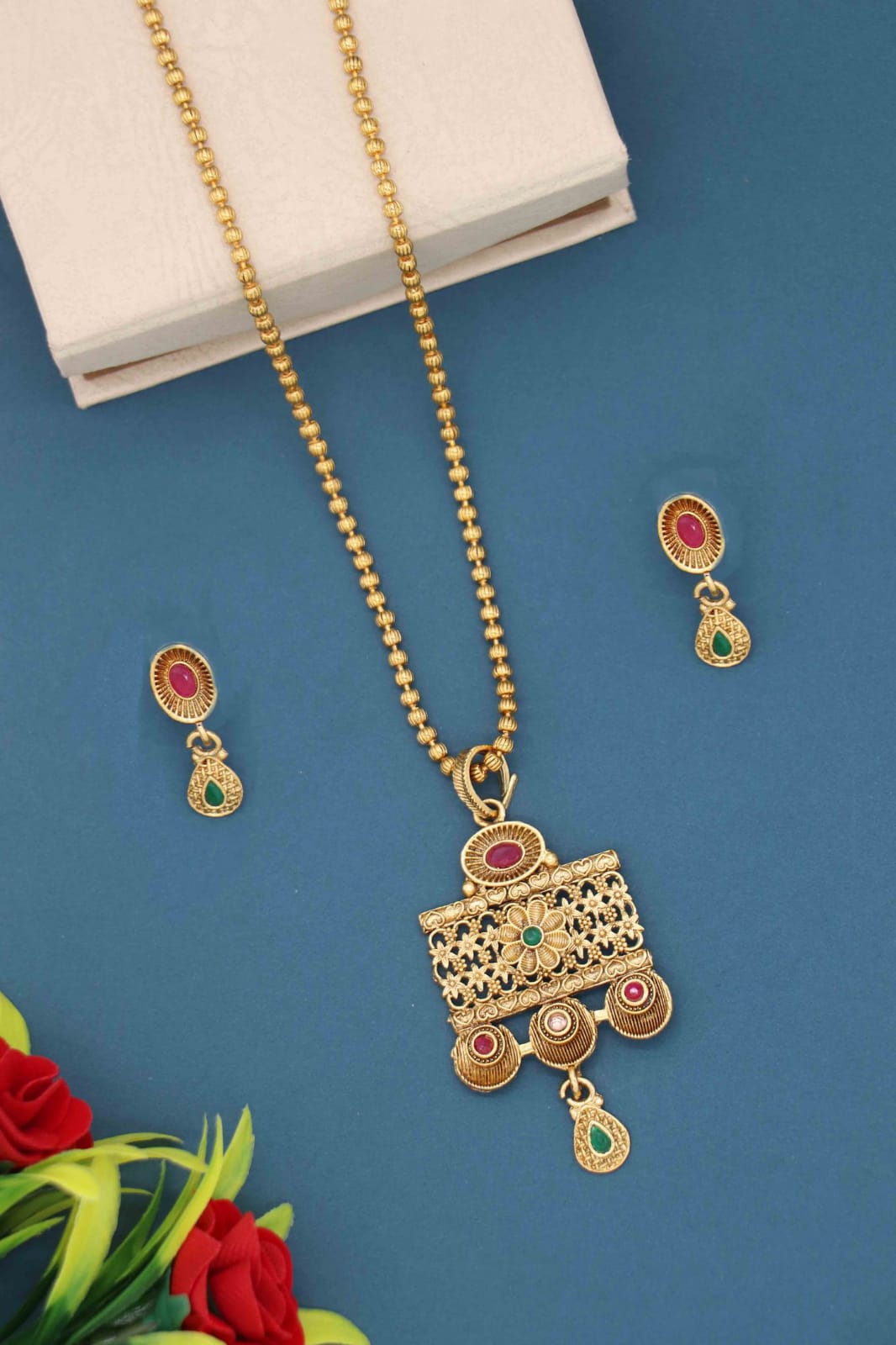 Pendant Set with Stud Earrings and Bead Chain for Women and Girls