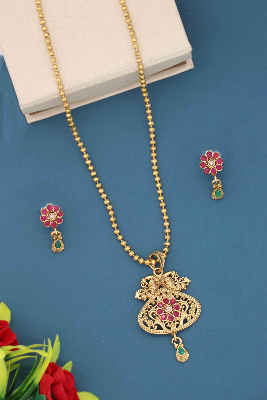 Traditional Pendant Set with Stud Earrings and Bead Chain for Women and Girls
