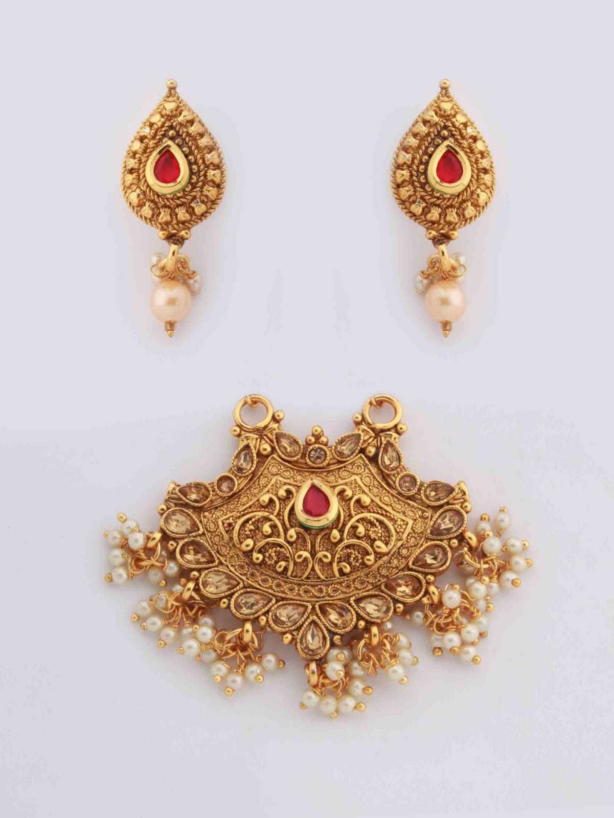 Fancy Traditional Pendant Set with Stud Earrings and Bead Chain for Women and Girls