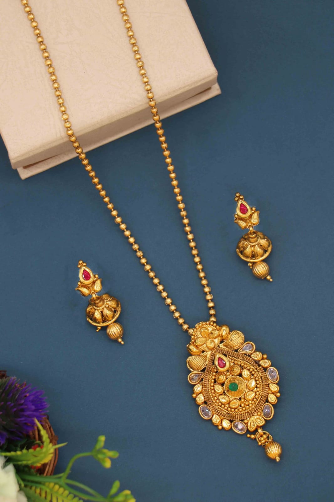Traditional Pendant Set with Stud Earrings and Bead Chain for Women and Girls