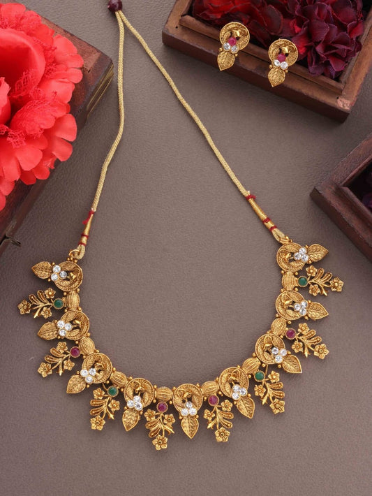 Ruby Gold Plated  Temple Coin Necklace For Women & Girls