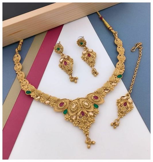Studded Gold Plated Traditional Maharani Temple Coin Necklace Jewellery For Women & Girls