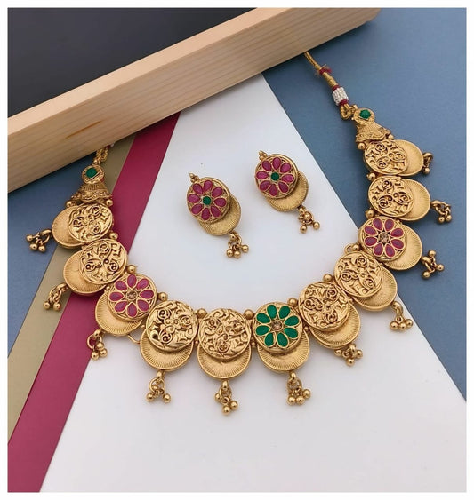Fashion Gold Plated  Maharani Temple Coin Necklace Set for Women & Girls