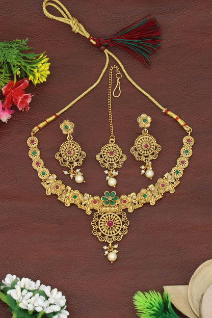 Antique Plated Alloy Choker Necklace Jewellery Set For Women & Girls