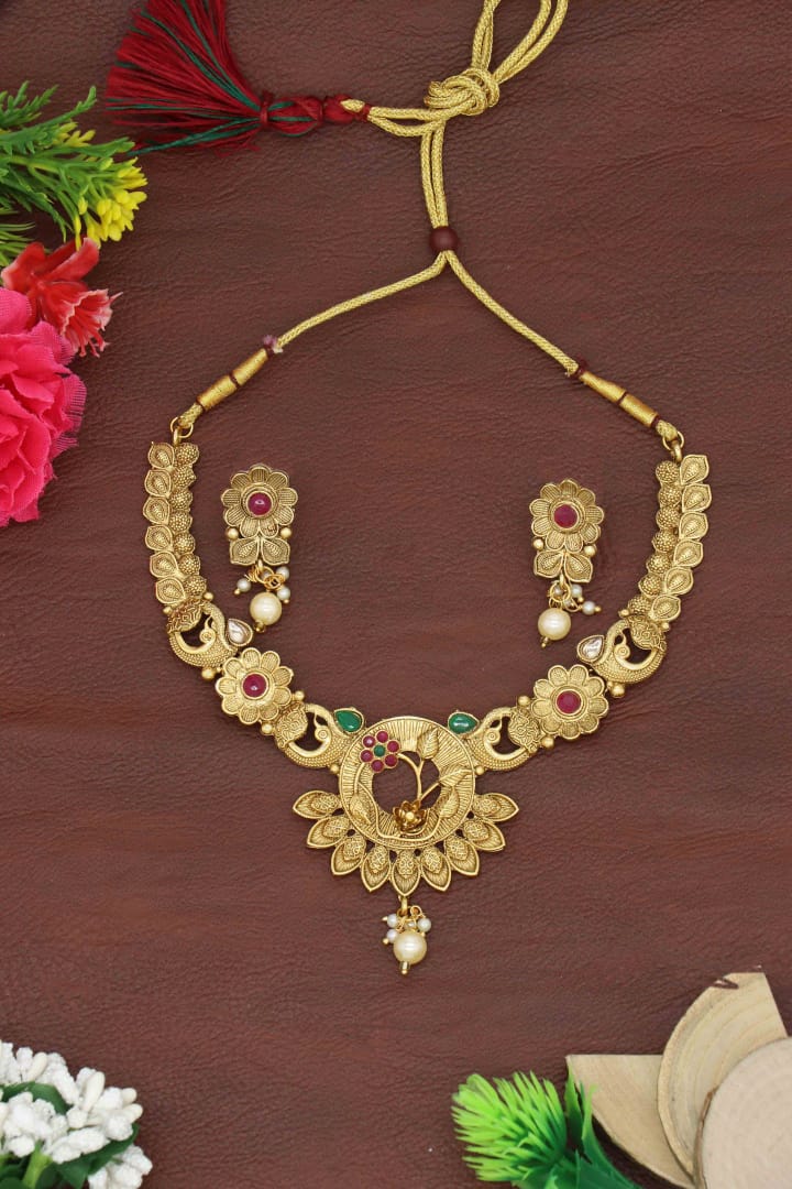 Traditional Designer Gold Plated and Ruby Necklace for Women & Girls