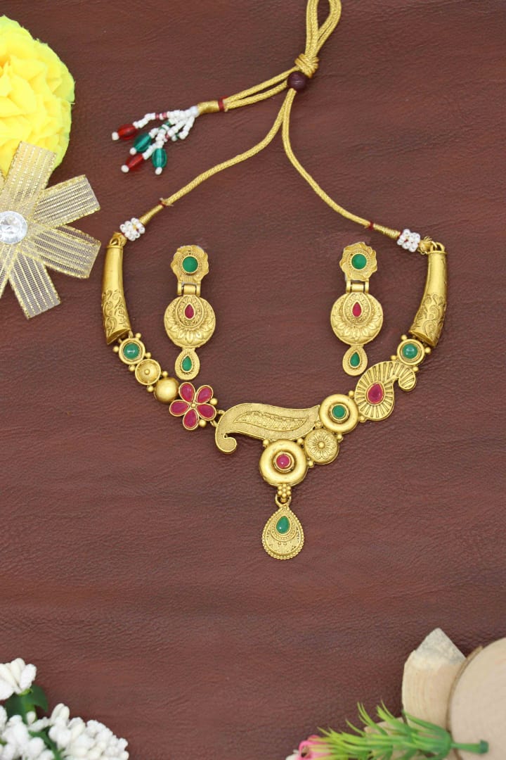 Gold Plated South Indian Traditional Trendy Stylish Fashion Jewellery Wedding Ruby Dual Necklace Set for women