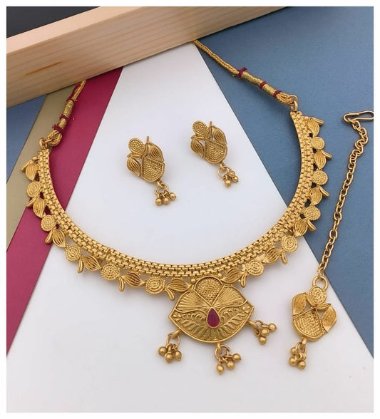 Matte Finished Gold Plated Wedding Jewellery Long Haram Necklace Set For Women