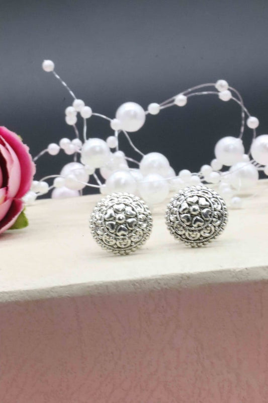 Silver Oxidised Brass Floral Motif Boho Style Stud Earrings Tops for Women and Girls