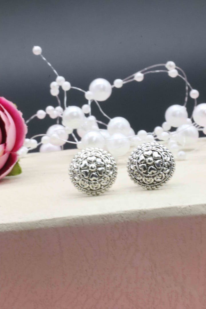 Silver Oxidised Brass Floral Motif Boho Style Stud Earrings Tops for Women and Girls