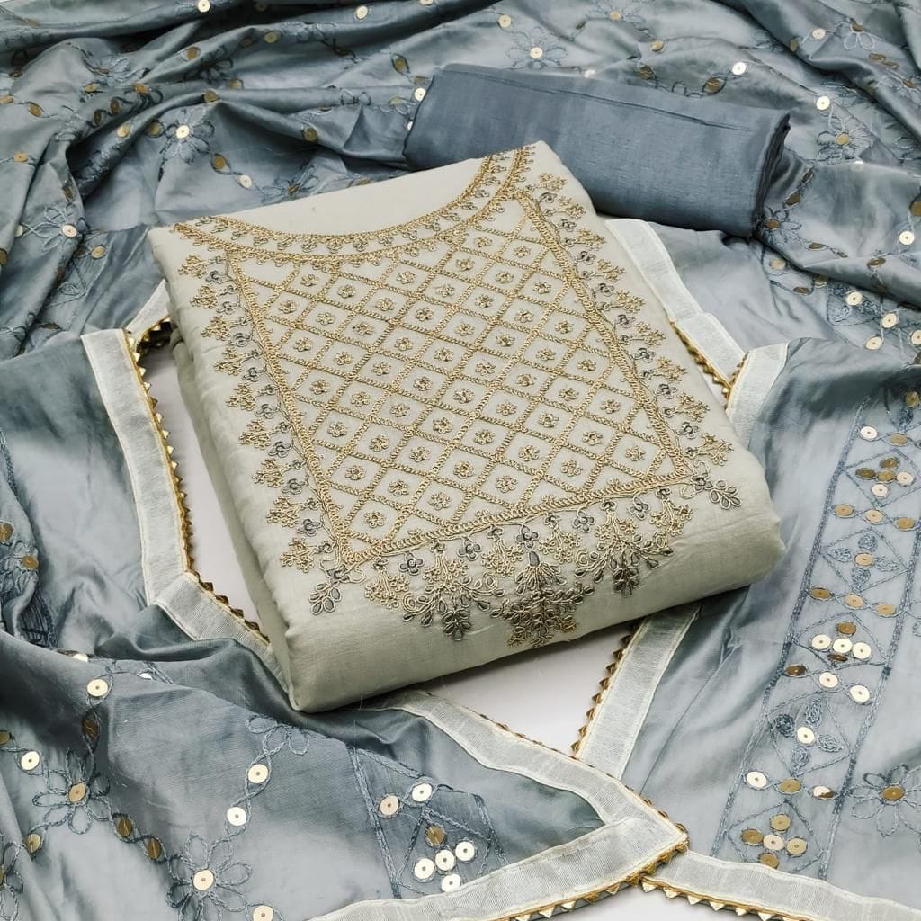 Modal Chanderi  Silk  With  Handwork Georgette Work Dress Material