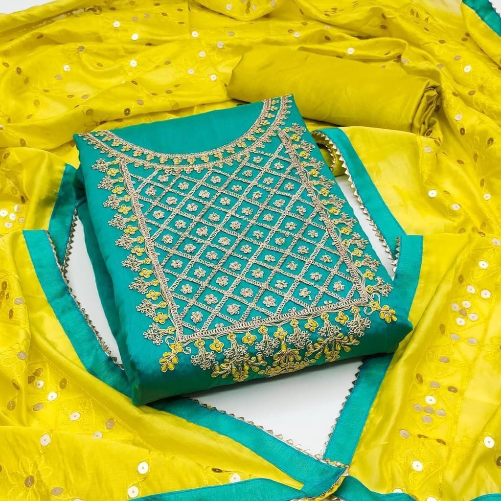 Modal Chanderi  Silk  With  Handwork Georgette Work Dress Material