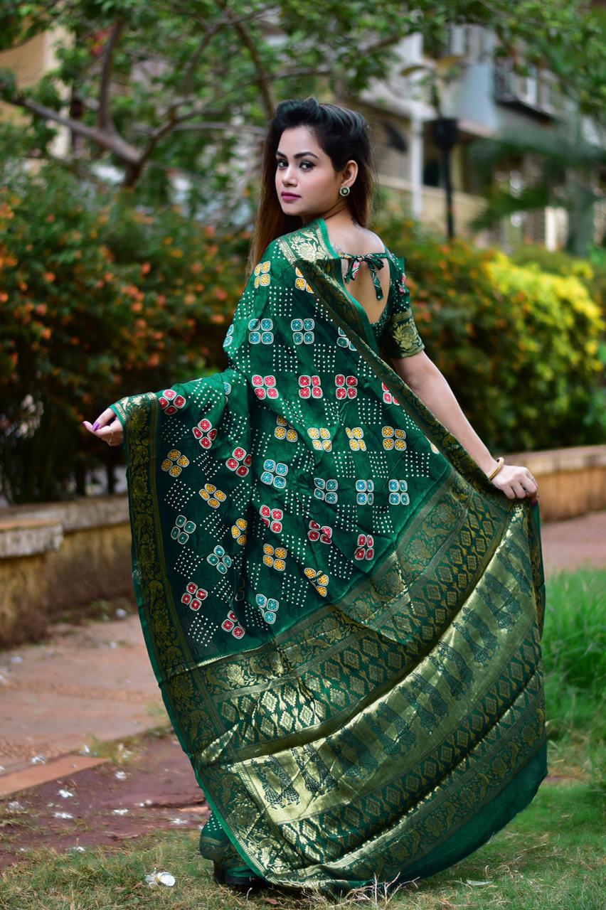 Buy Blue Readymade Bandhani Brocade Designer Saree Blouse Weaving Pattern  Women Poly Silk Sari Choli Indian Wedding Wear Fabric Craft Tunic Top  Online in India - Etsy