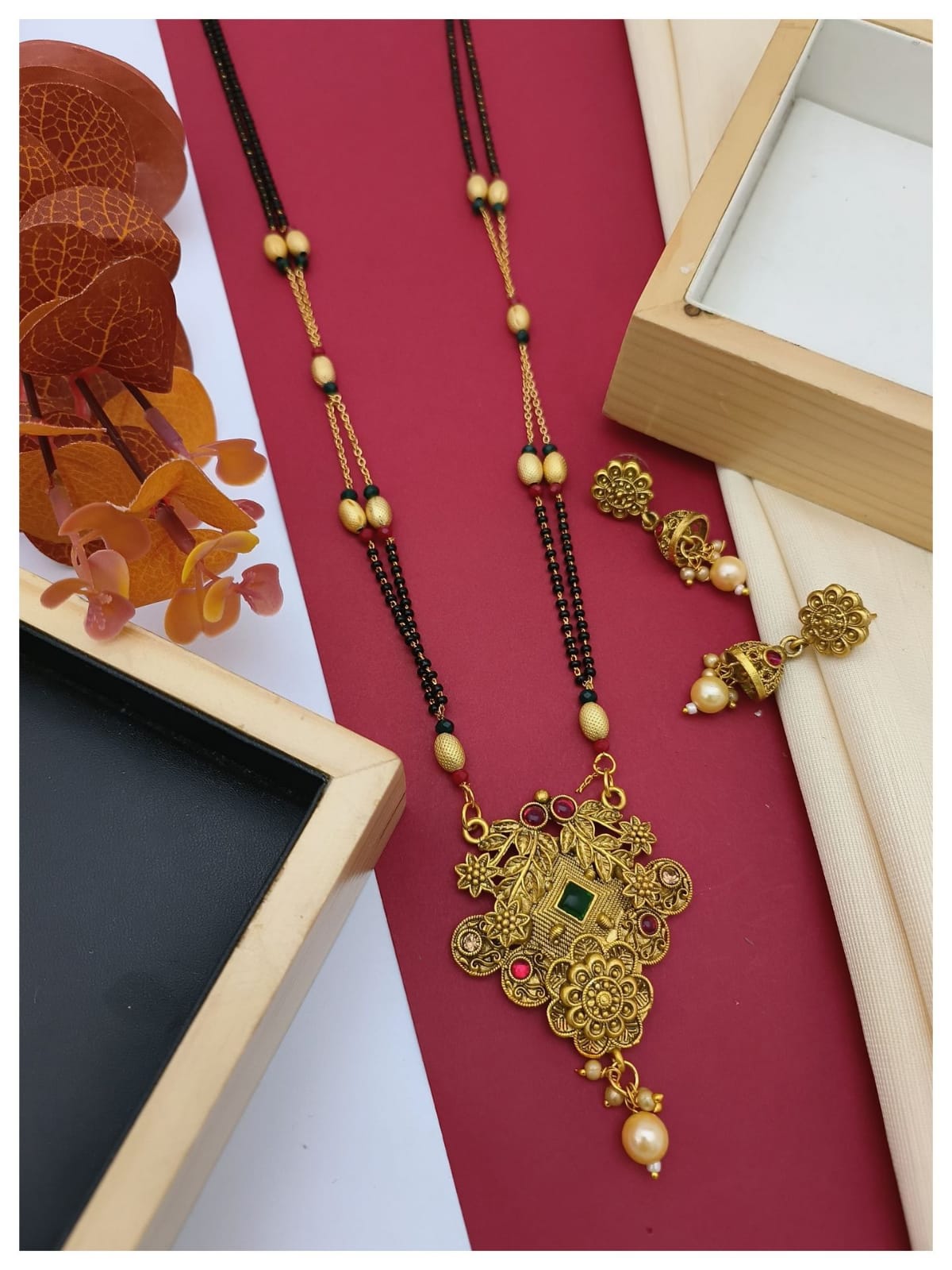 Peora Matte Gold Finish Peacock Design Mangalsutra with Earrings Traditional Jewellery for Women
