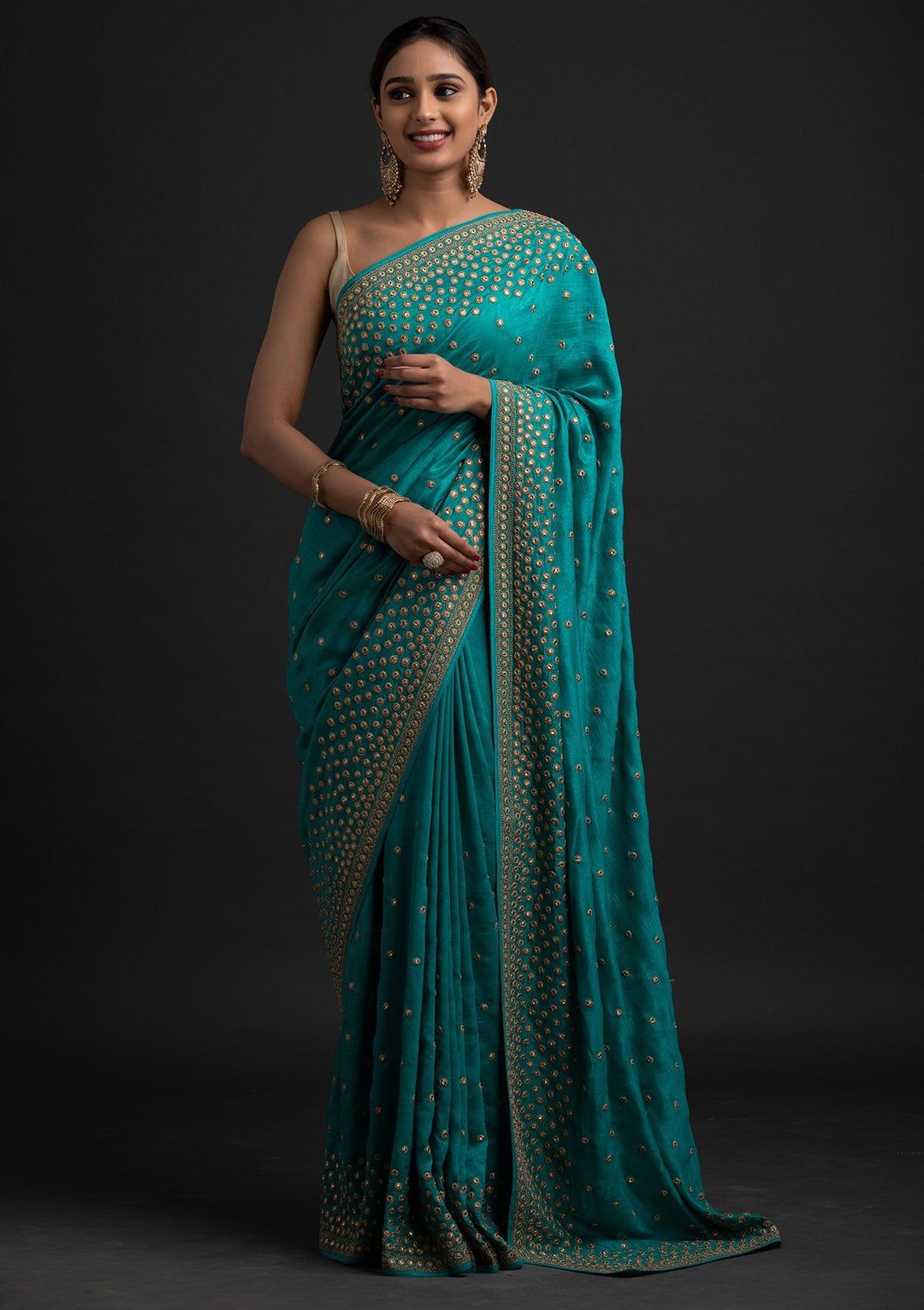 Pista Vichitra Silk Saree with Swarovski Detailing and Heavy Sequence –  Gunj Fashion