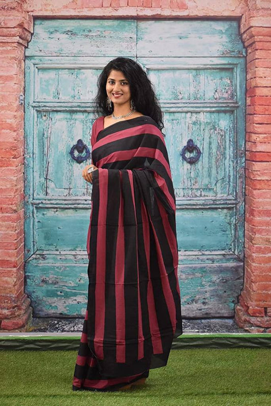 Red And Black Soft Pure Cotton Saree