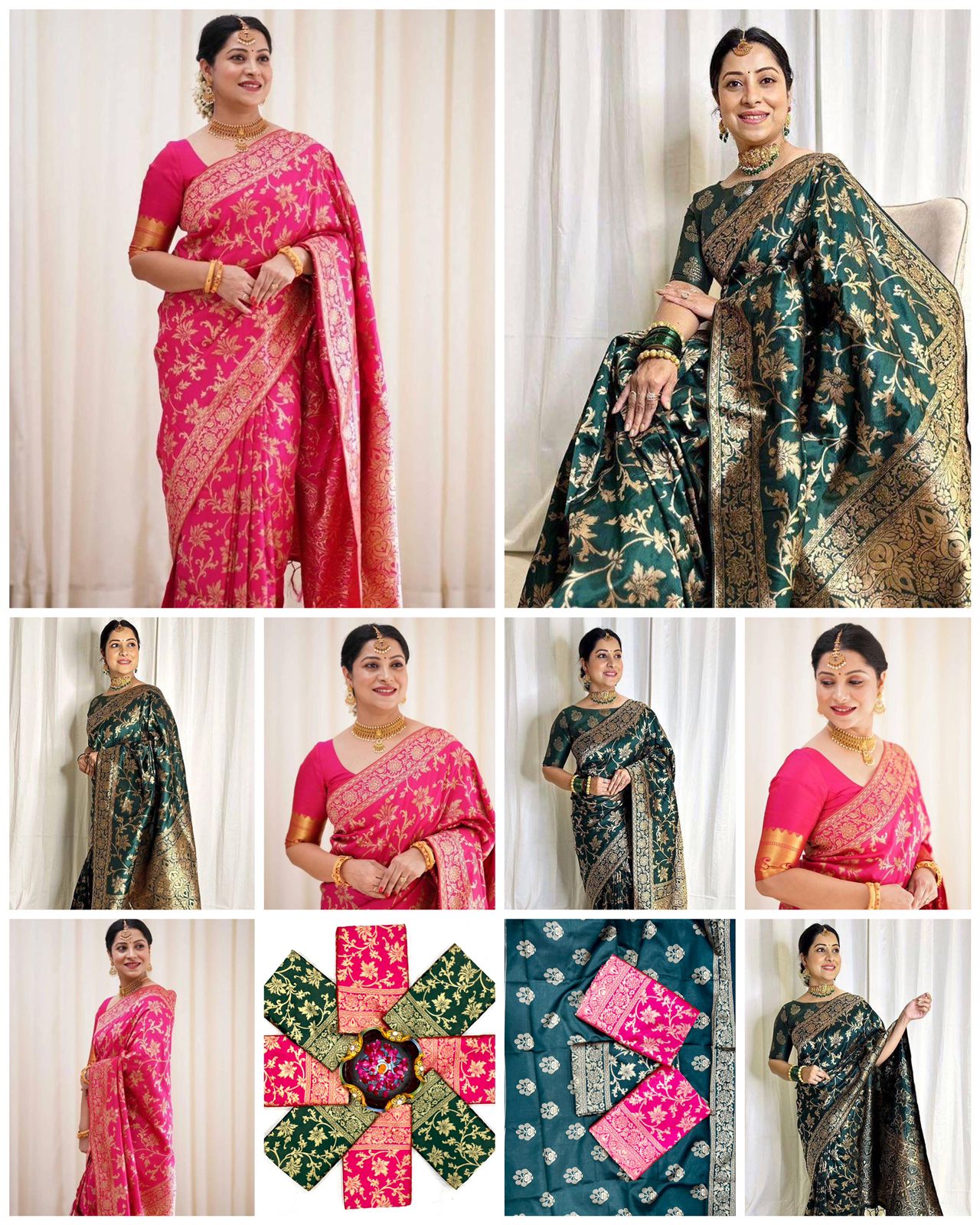 Pink and green  Soft Lichi Silk Cloth  Saree