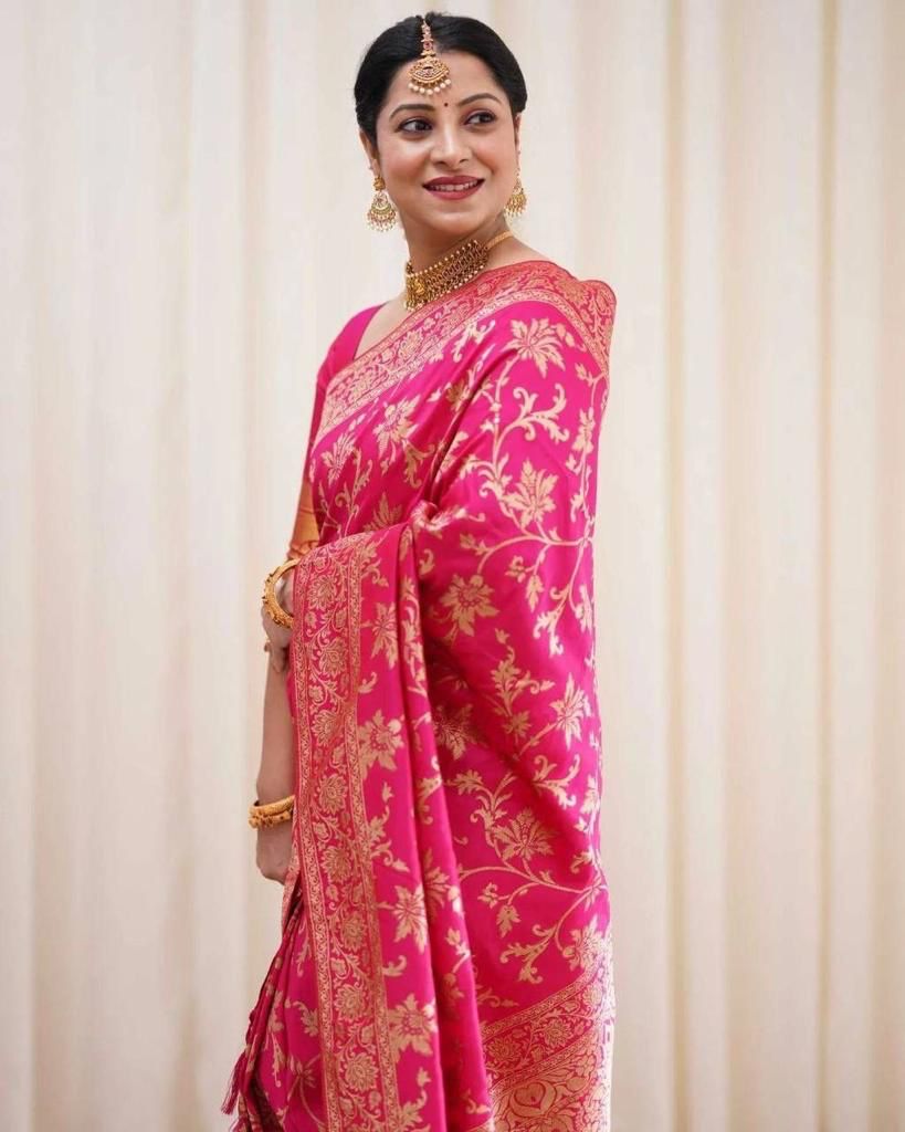 Pink and green  Soft Lichi Silk Cloth  Saree