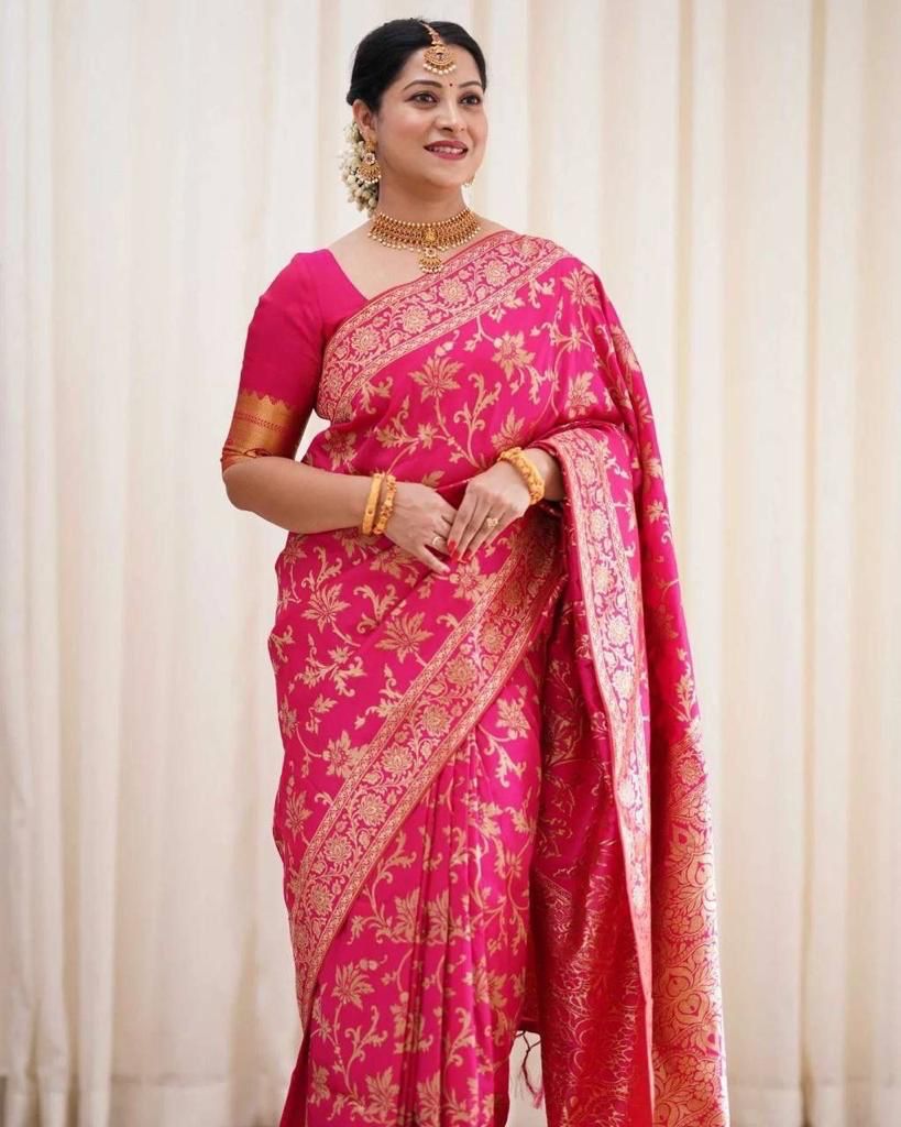 Pink and green  Soft Lichi Silk Cloth  Saree