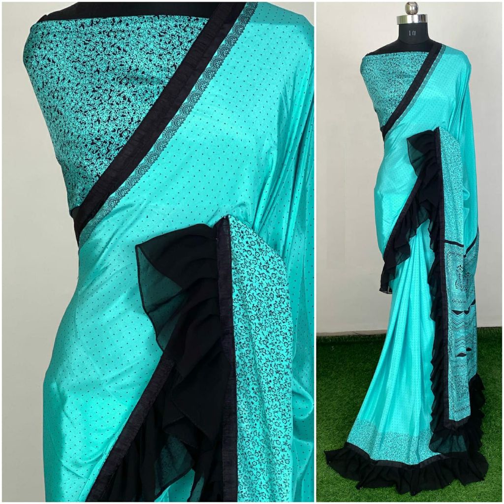 Designer Silk Crap Printed Ruffle Saree