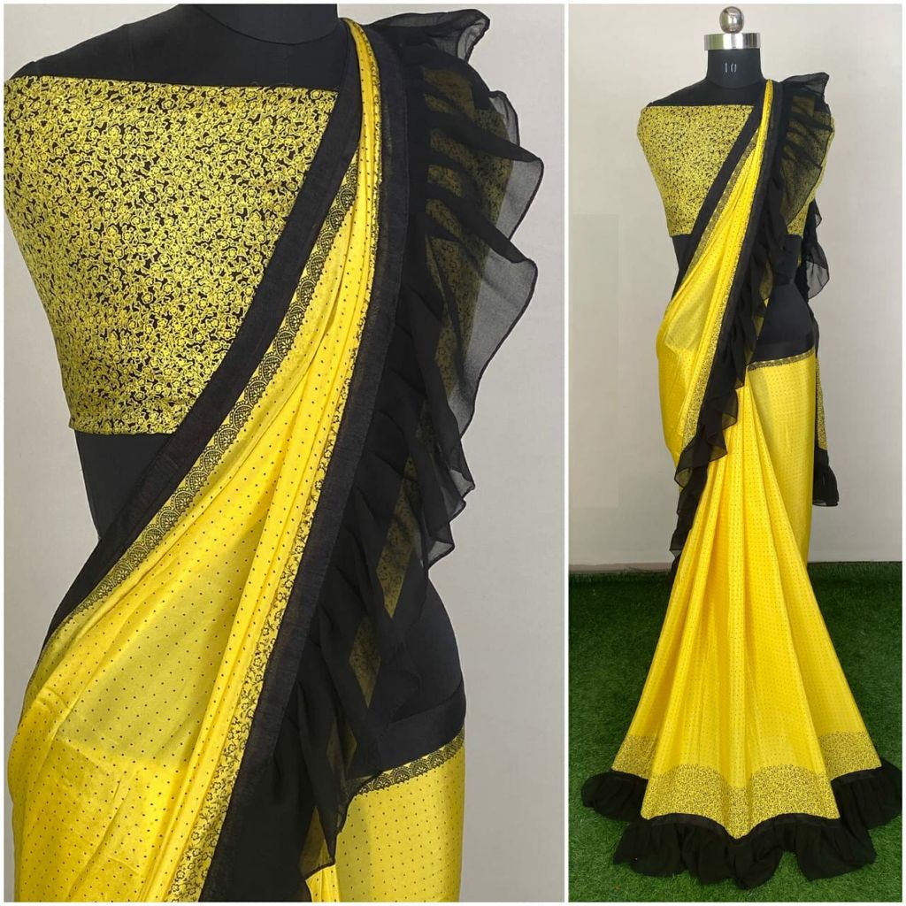 Designer Silk Crap Printed Ruffle Saree