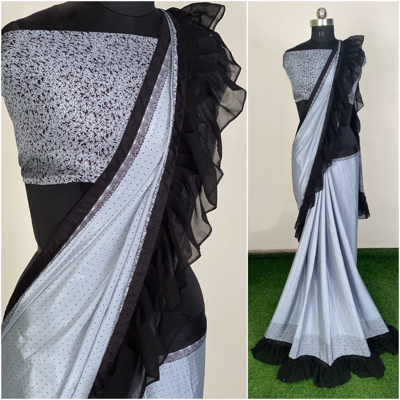 Designer Silk Crap Printed Ruffle Saree