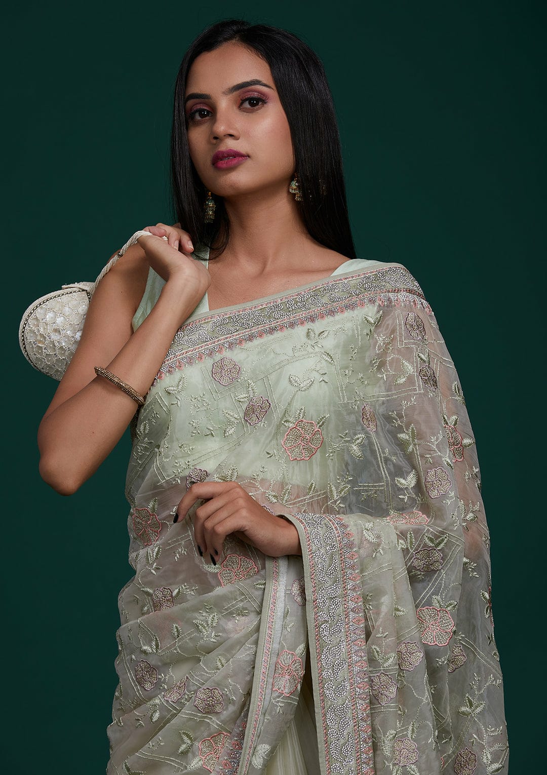 Silver Zari With Lucknowi Threads  saree