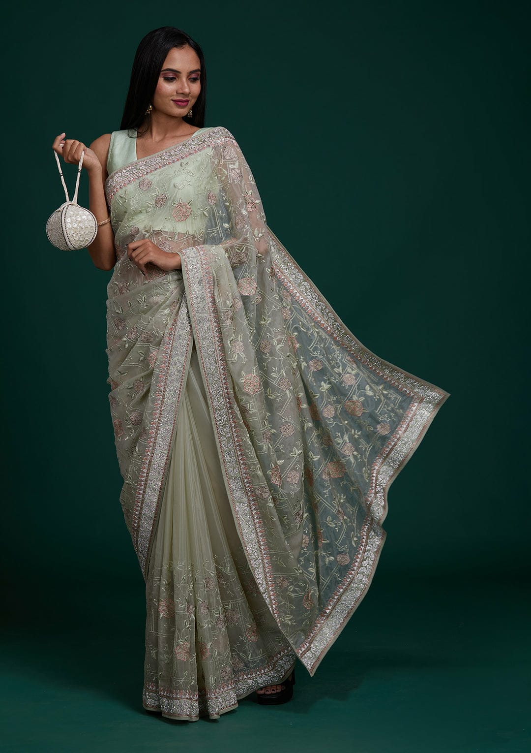 Silver Zari With Lucknowi Threads  saree