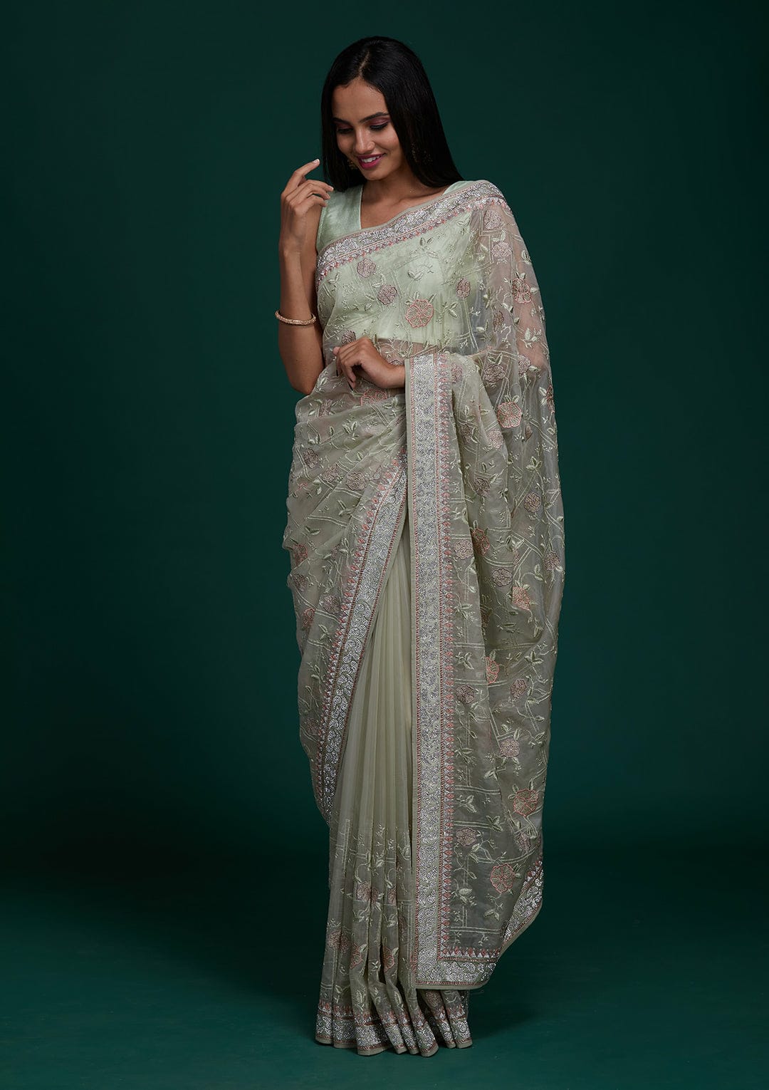 Silver Zari With Lucknowi Threads  saree