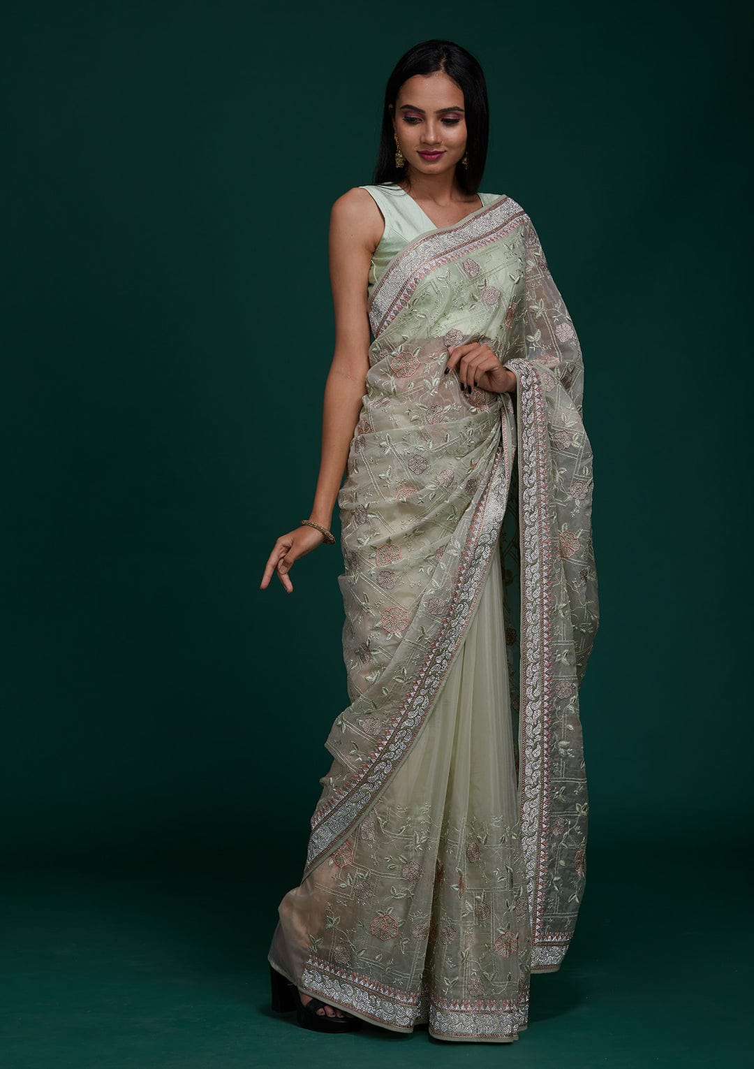 Aqua Blue – Silver Embroidered Draped Saree Set – Talking Threads