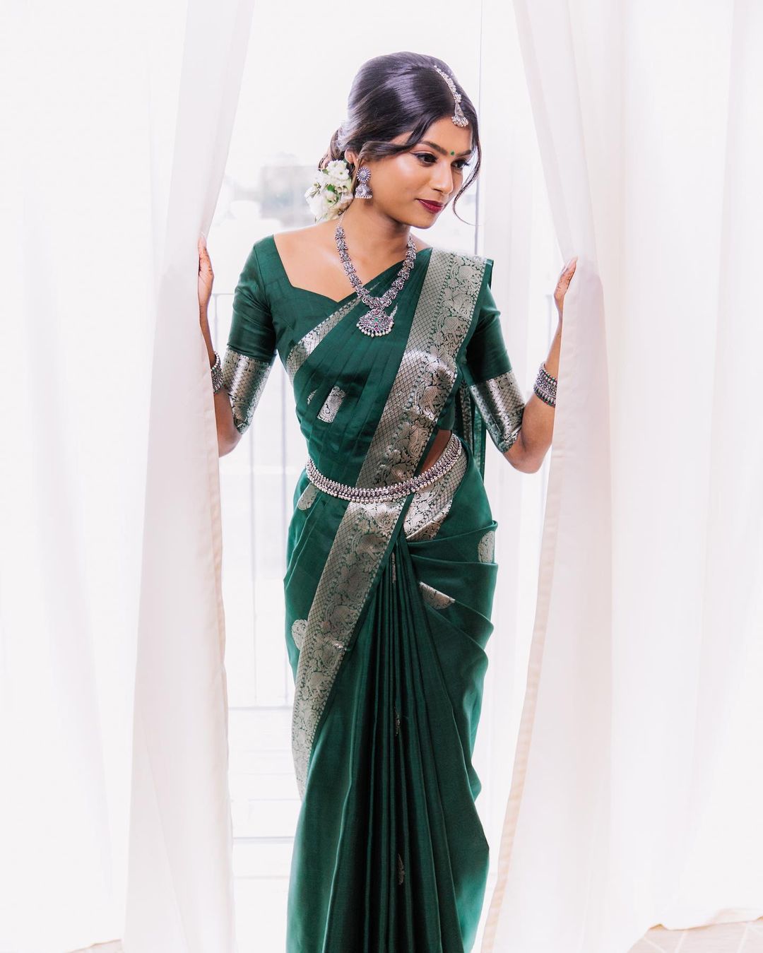 Green  Soft Lichi Silk Cloth  Saree