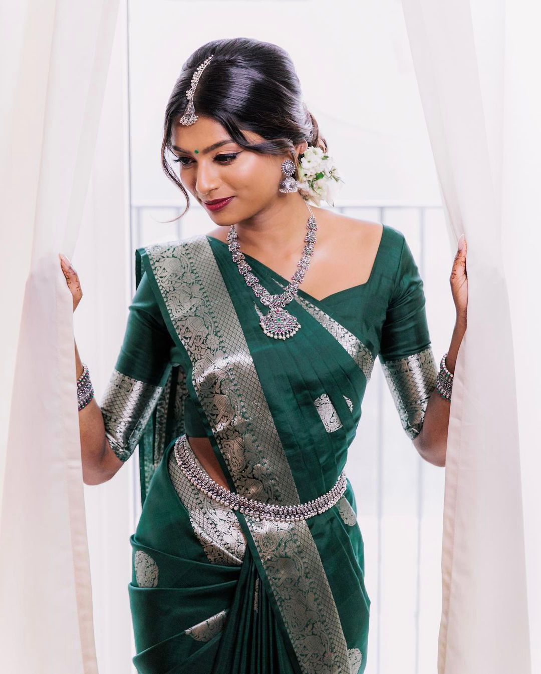 Buy Dark Green Embroidered Silk Designer Saree|Lovely Wedding Mall