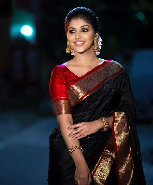 Black  Soft Lichi Silk Cloth  Saree