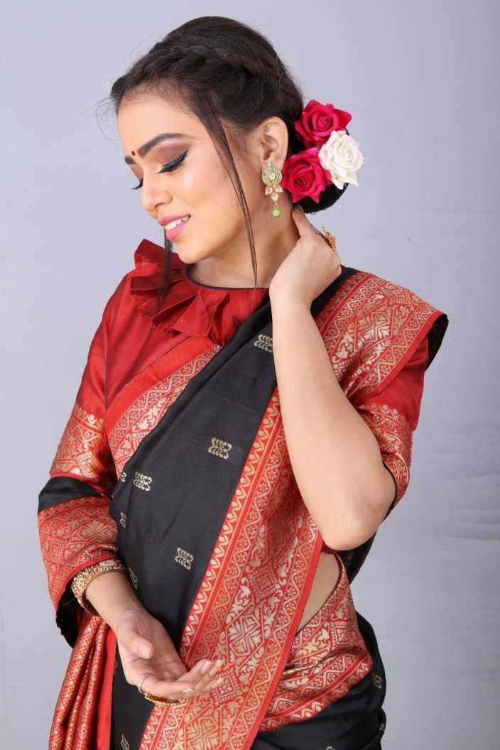 Black  Soft Lichi Silk Cloth  Saree