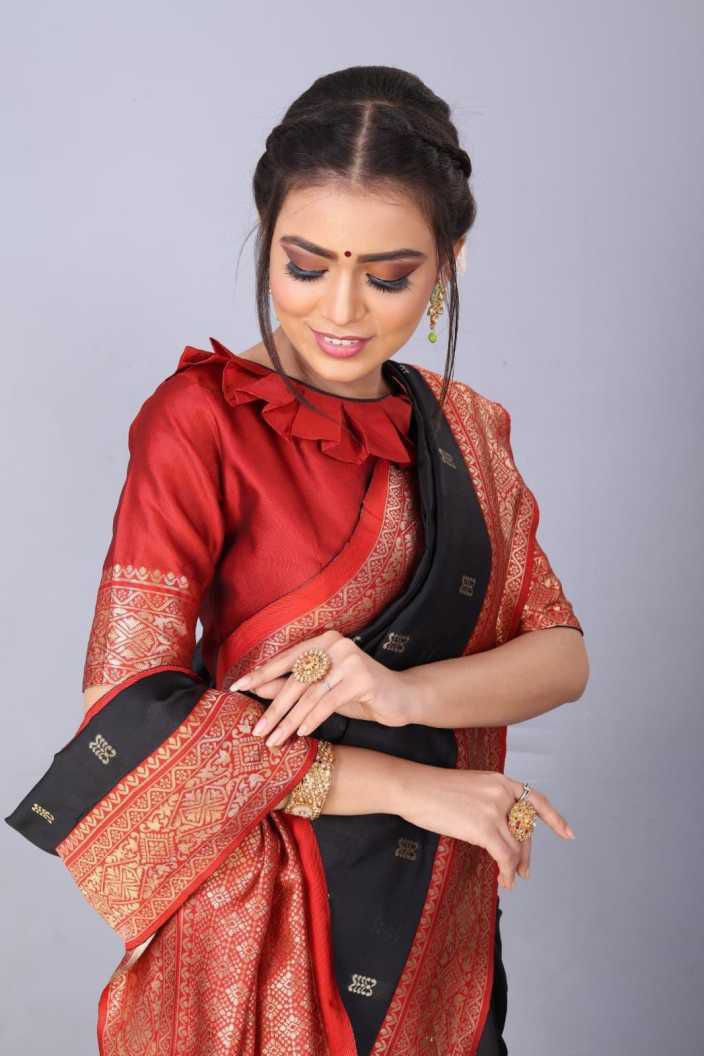 Black  Soft Lichi Silk Cloth  Saree