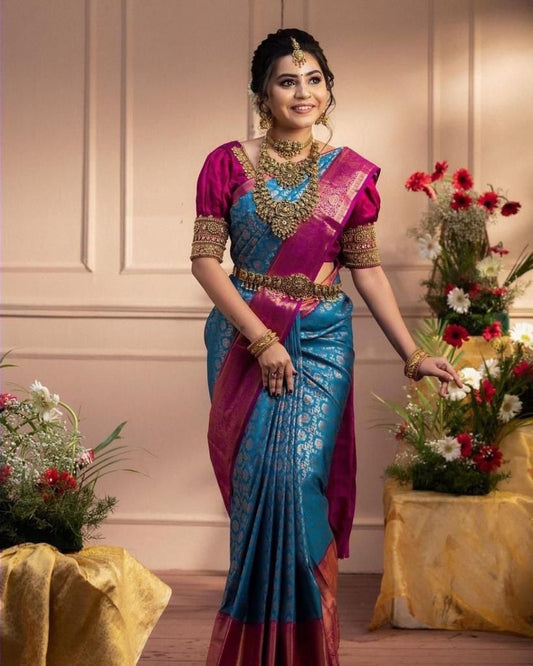 Teal Soft Lichi Silk Cloth  Saree