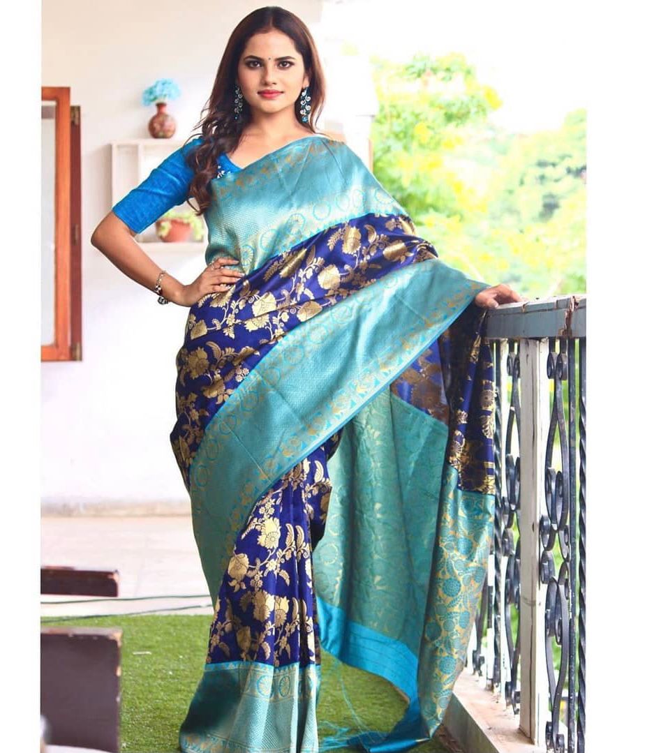 Cyan Blue  Soft Lichi Silk Cloth  Saree