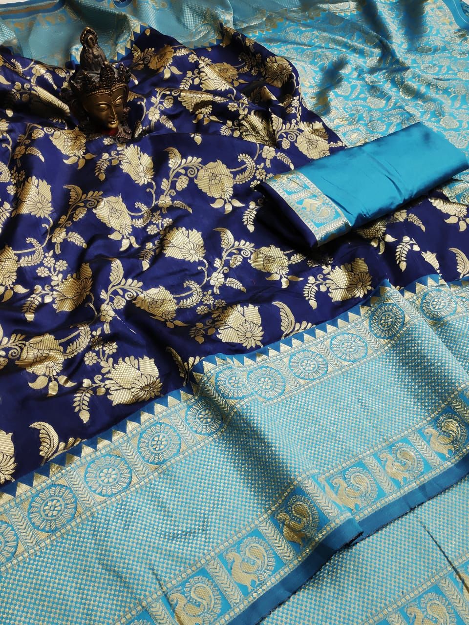 Cyan Blue  Soft Lichi Silk Cloth  Saree