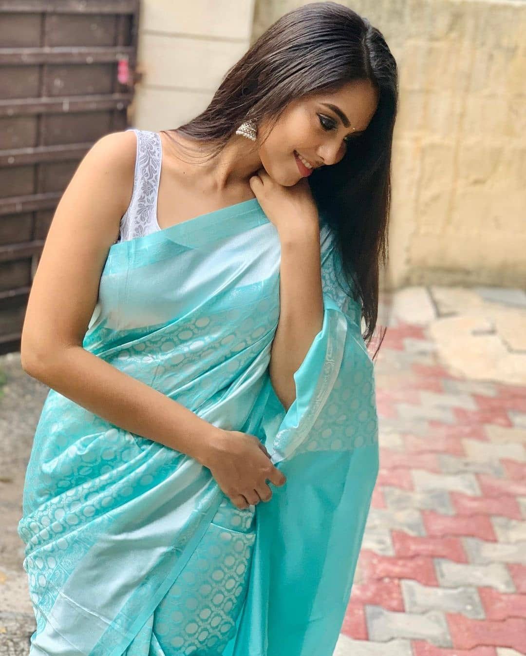 Cyan Soft Lichi Silk Cloth  Saree